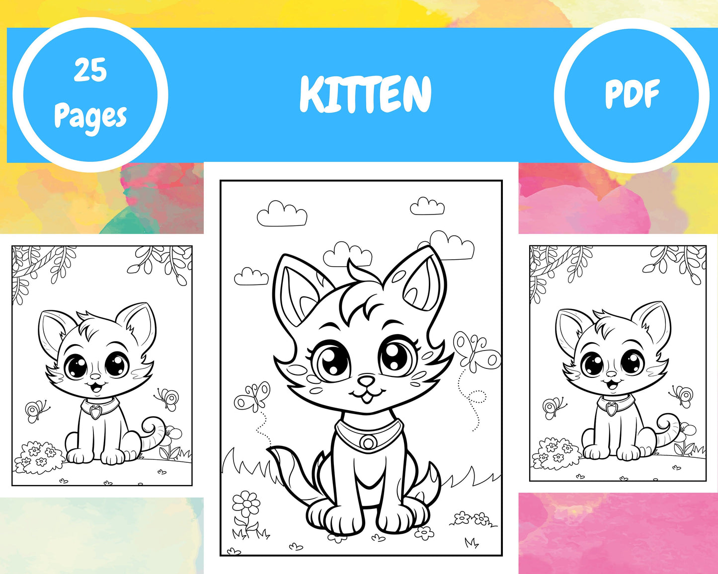 Kitten Coloring Pages | 25 Pages | Cute Coloring Pages | For Kids and Adults | Digital Download