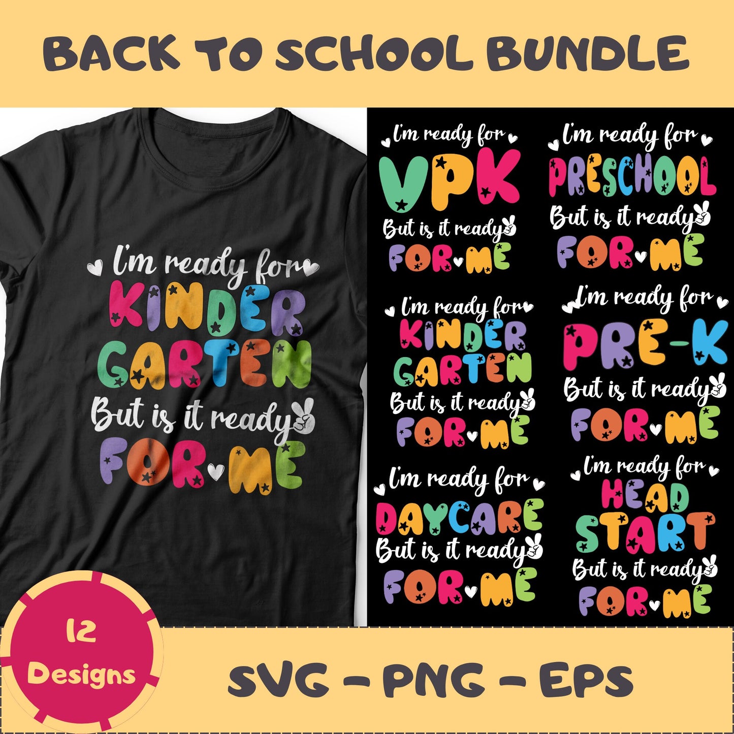 Back to School SVG Bundle – I’m Ready for Kindergarten Quote | PNG, EPS, Cricut Cut Files